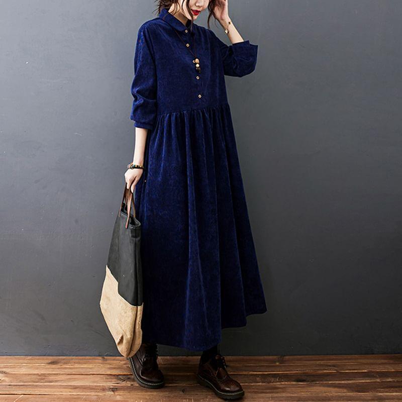 Long Sleeve Collared Plain Button Corduroy Maxi A-Line Dress Product Image