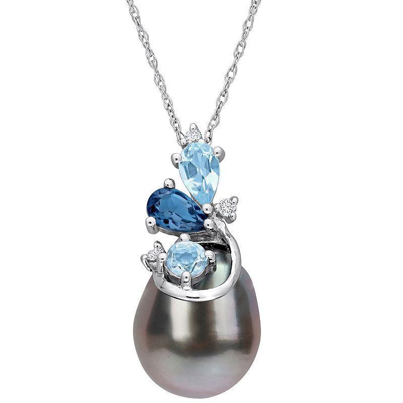 Stella Grace 14k White Gold Tahitian Cultured Pearl, Blue Topaz & Diamond Accent Drop Necklace, Womens Multicolor Product Image