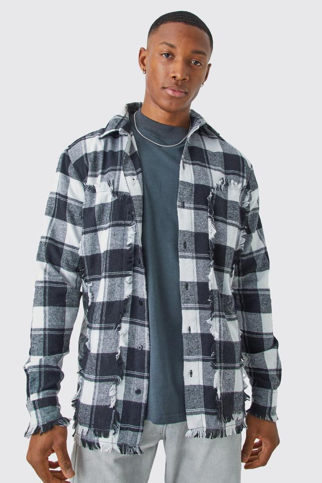 Oversized Distressed Panel Flannel Shirt | boohooMAN USA Product Image