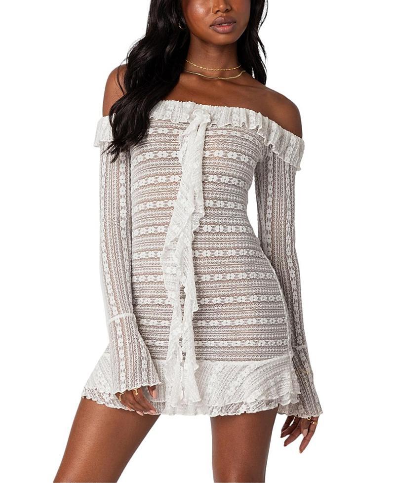 EDIKTED Lace Ruffle Off the Shoulder Long Sleeve Minidress Product Image