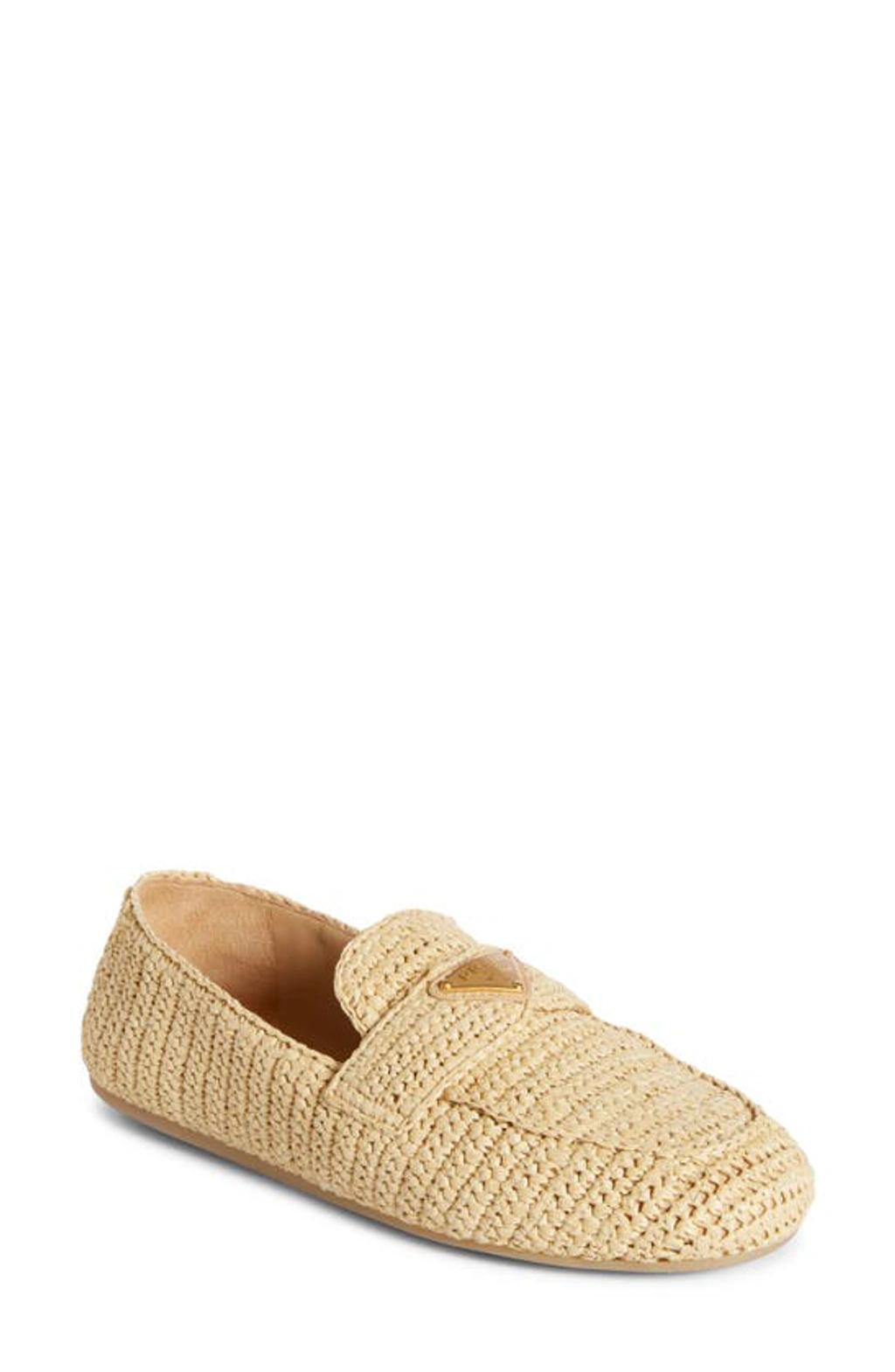 Raffia Slip-on Loafers In Beige Khaki Product Image