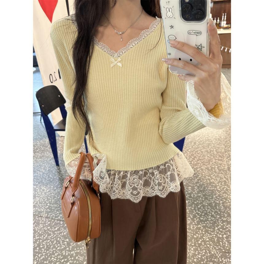 Long-Sleeve V-Neck Lace Panel Bow Accent Ribbed Slim Fit Knit Top Product Image