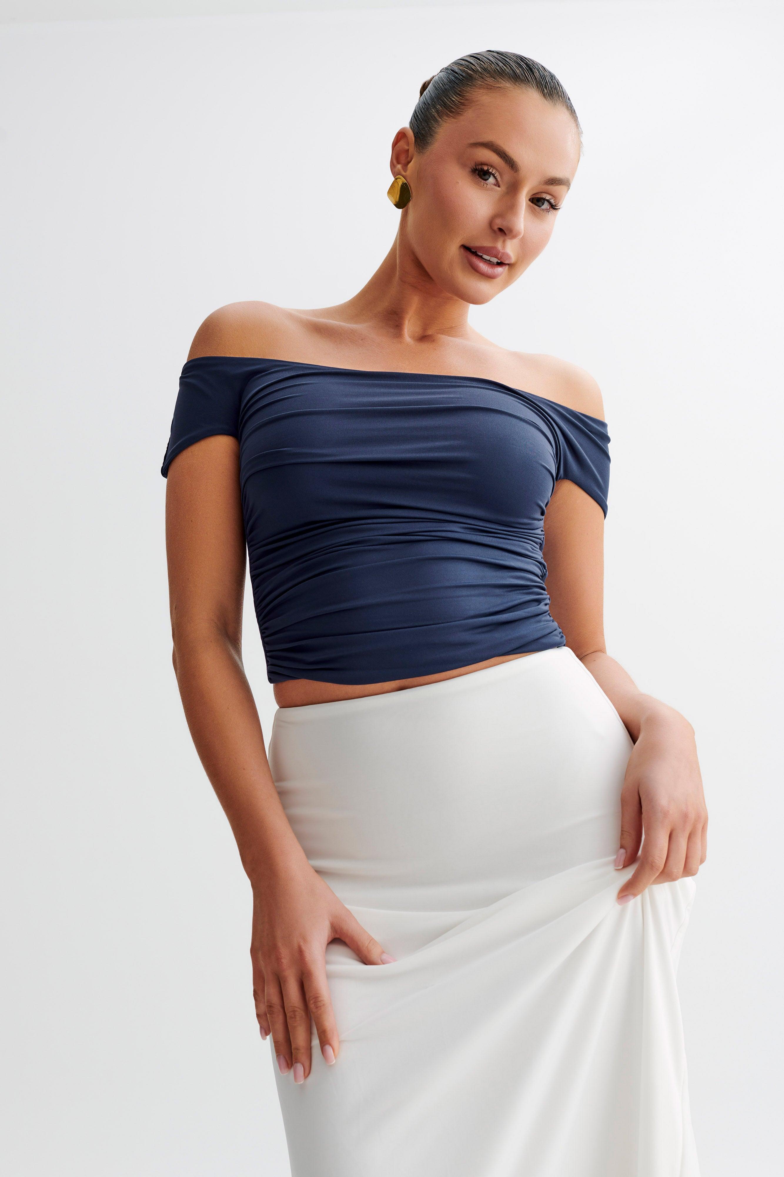 Piper Ruched Off Shoulder Top - Navy Product Image