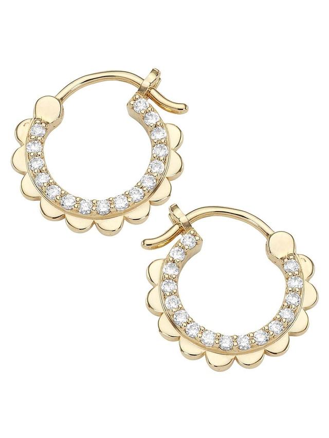 Womens 14K Yellow Gold & Diamond Scalloped Huggie Hoop Earrings Product Image