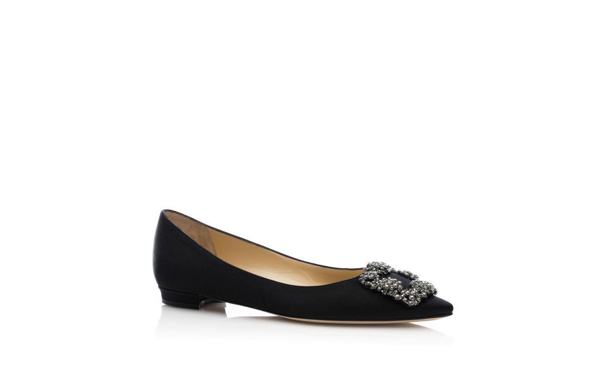 HANGISIFLAT Black Satin Jewel Buckle Flat Pumps Product Image