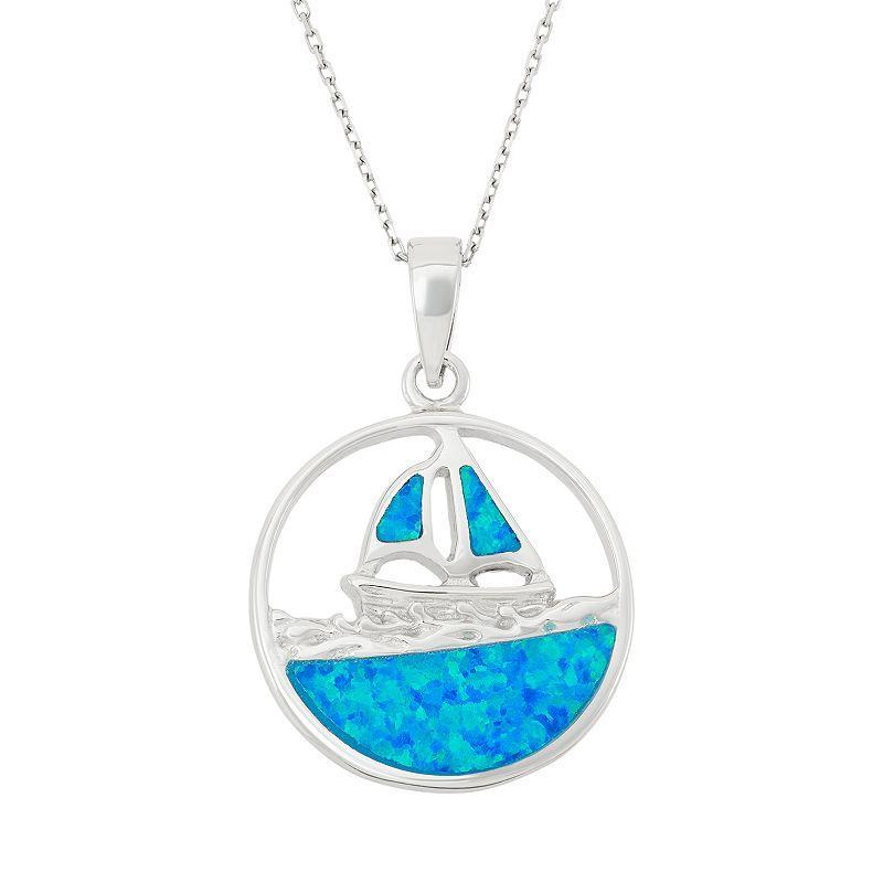 Lab-Created Blue Opal Sterling Silver Sailboat Pendant Necklace, Womens Product Image