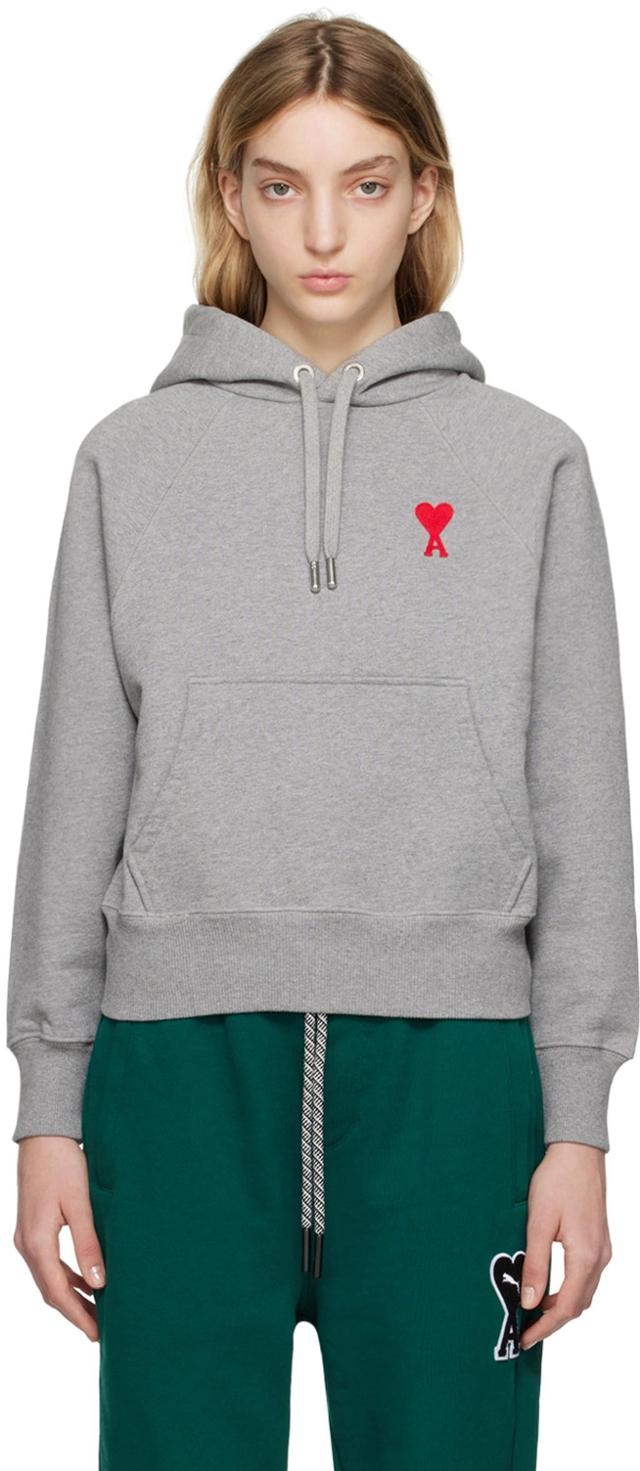 Ami Logo Embroidered Drawstring Hoodie In Grey Product Image