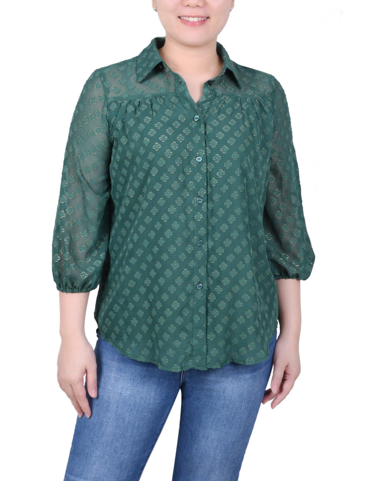 3/4 Length Sleeve Foiled Jacquard Chiffon Blouse - Petite Product Image