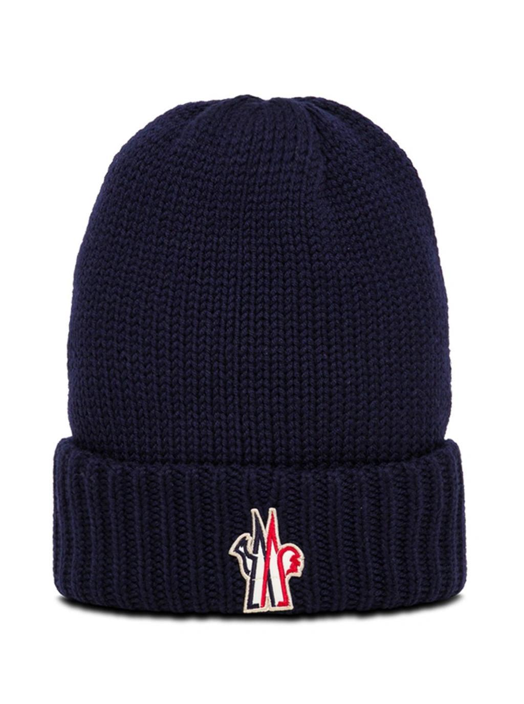 MONCLER Blue Wool Hat With Logo Patch Product Image