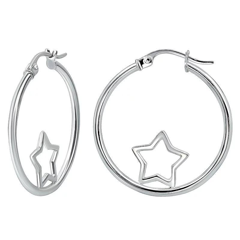 Aleure Precioso Sterling Silver Open Star Center Hoop Earrings, Womens, Silver Tone Product Image