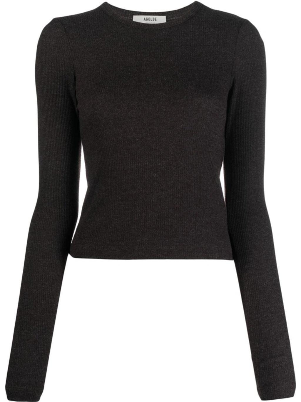 Alma Shrunken Rib Knit Long Sleeve Tee In Black Product Image