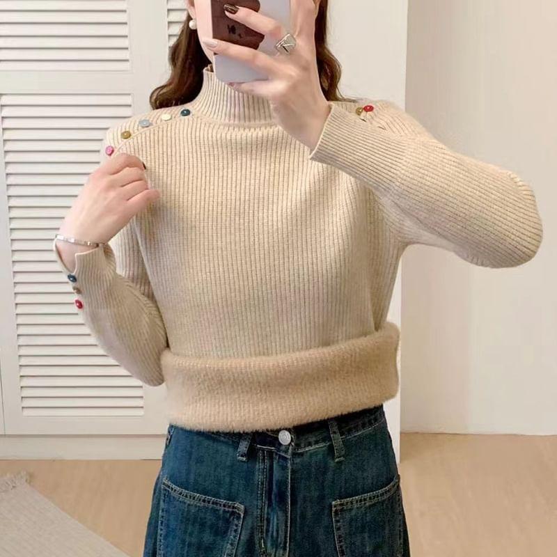 Mock Neck Plain Button Detail Sweater Product Image