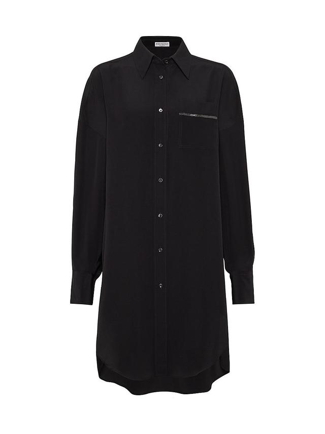 Womens Silk Crepe De Chine Long Shirt with Shiny Pocket Detail Product Image