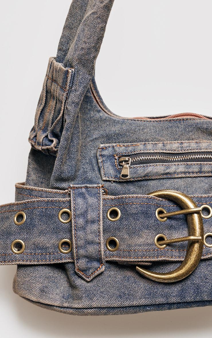 Blue Washed Denim Buckle Detail Tote Bag Product Image