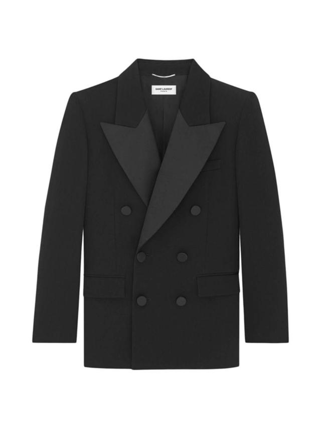 Double-breasted Grain De Poudre Tuxedo Jacket In Black Product Image