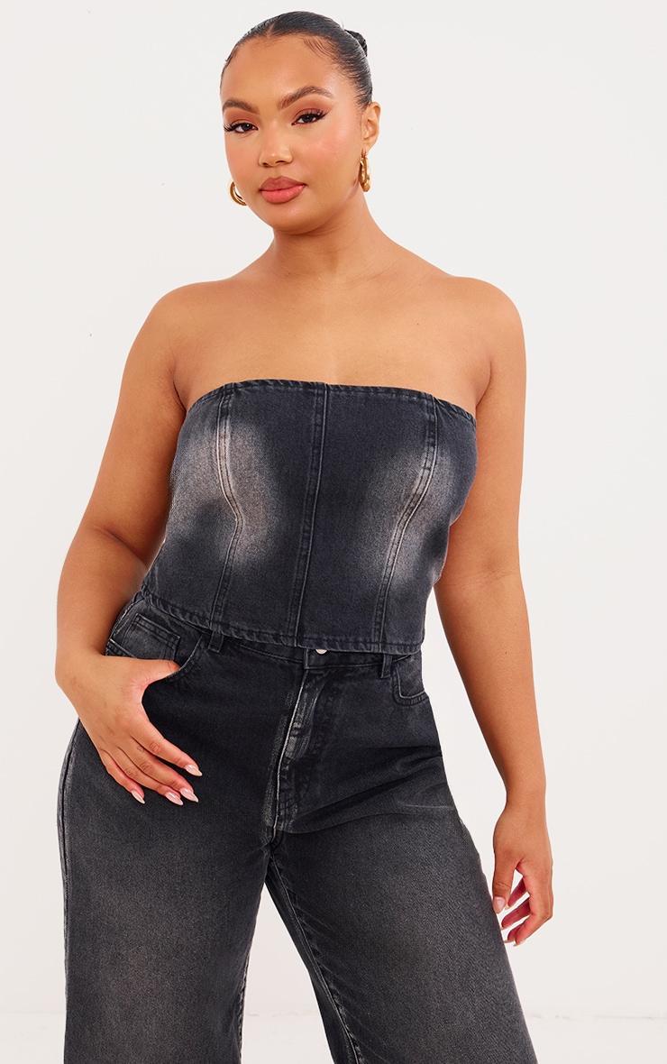 Plus Vintage Black Wash Washed Down Distressed Look Bandeau Denim Top product image