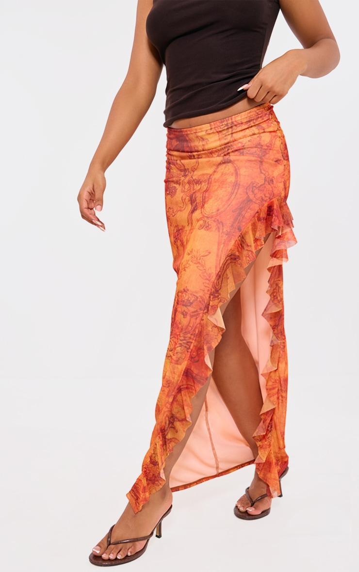  Rust Textured Print Ruffle Detail Mesh Skirt  Product Image