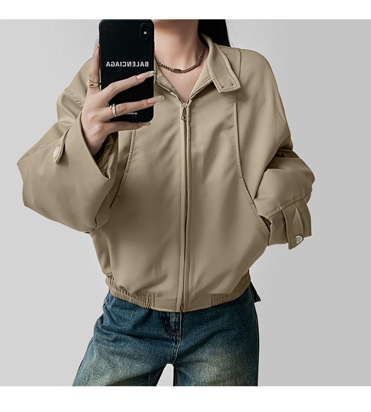 Stand Collar Plain Zip Bomber Jacket Product Image