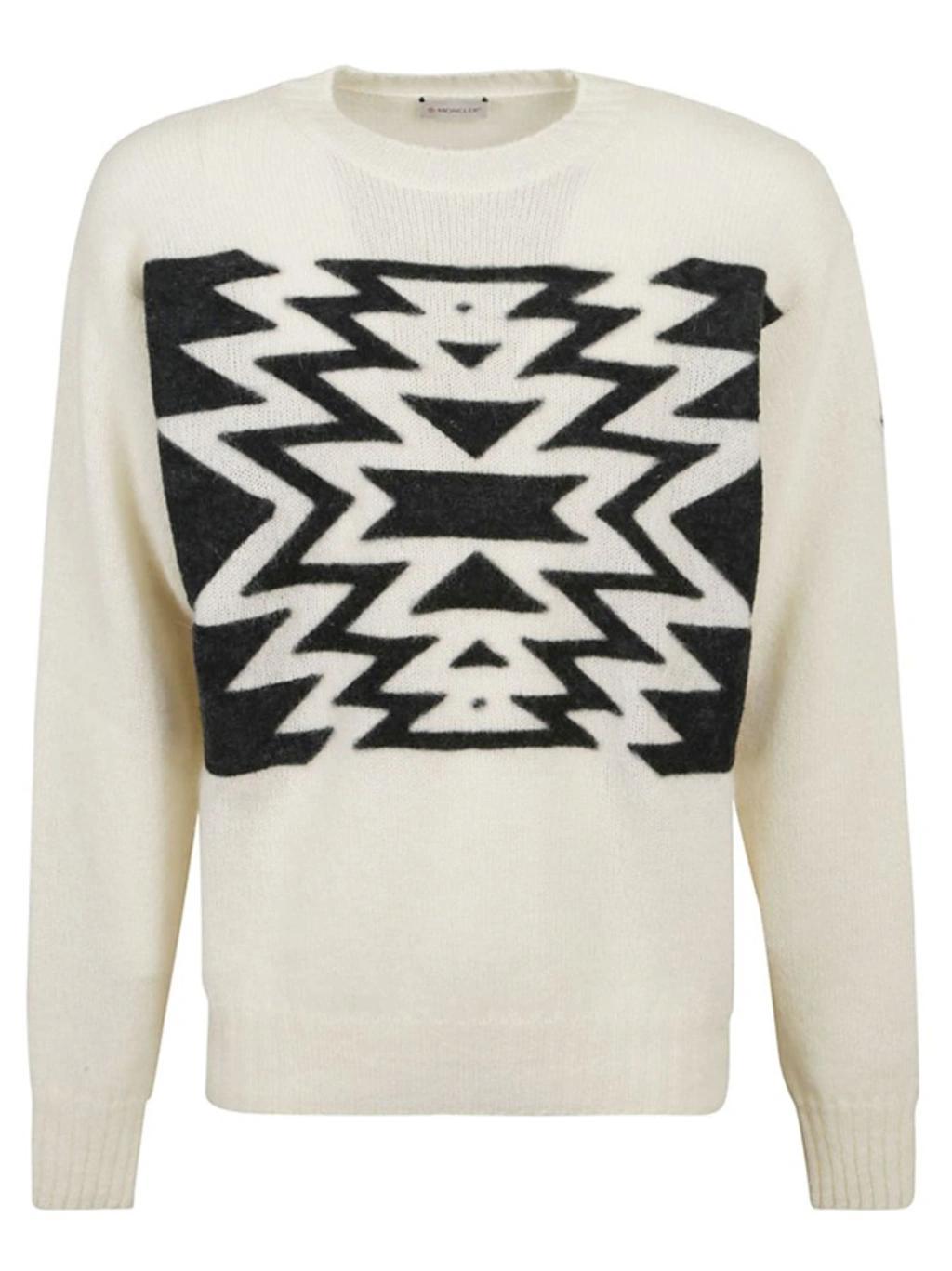 Geometric Knit Crewneck Sweater In White Black Product Image