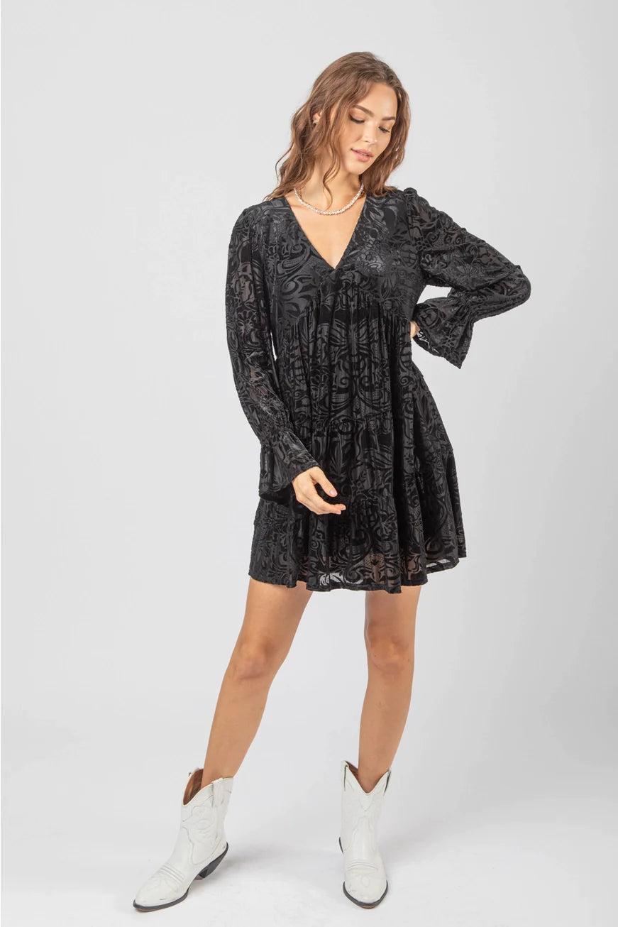 Black Deep V-Neck Jacquard Velvet Holiday Mini Dress Female Product Image