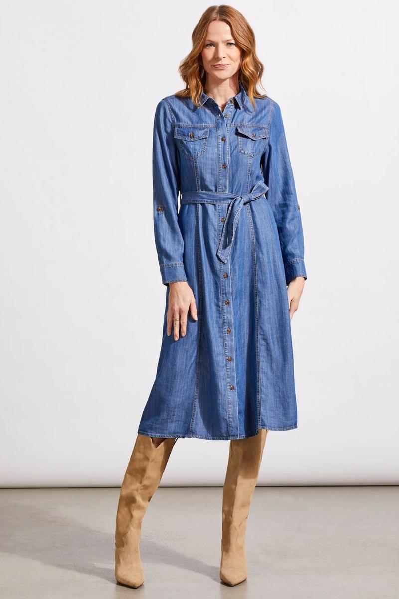 BUTTON-UP TENCEL MIDI DRESS WITH ROLL-UP SLEEVES Product Image