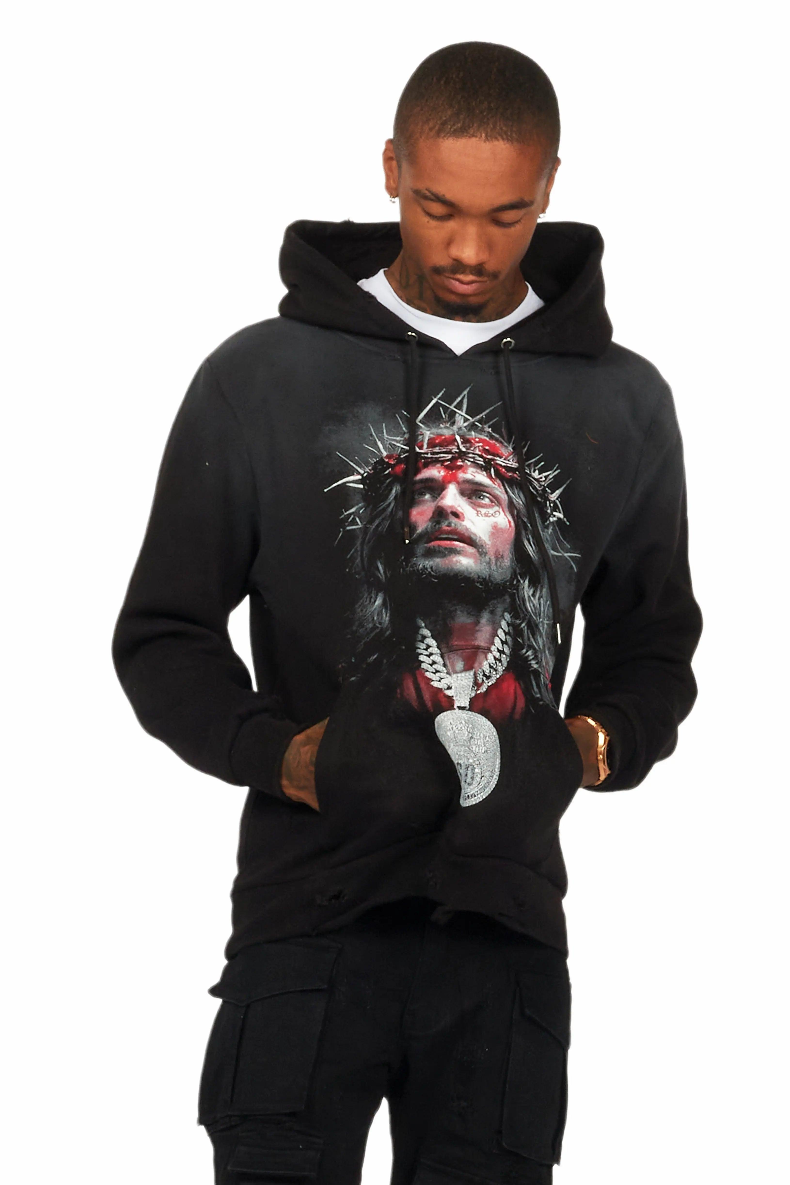 Amina Black Distressed Graphic Hoodie Male Product Image