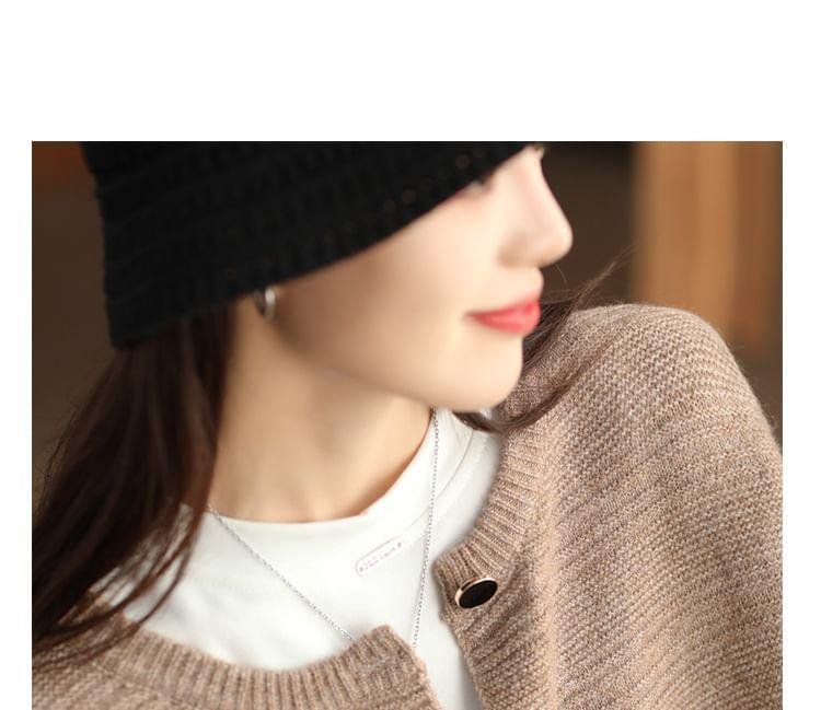 Round Neck Plain Ribbed Knit Button Cardigan Product Image