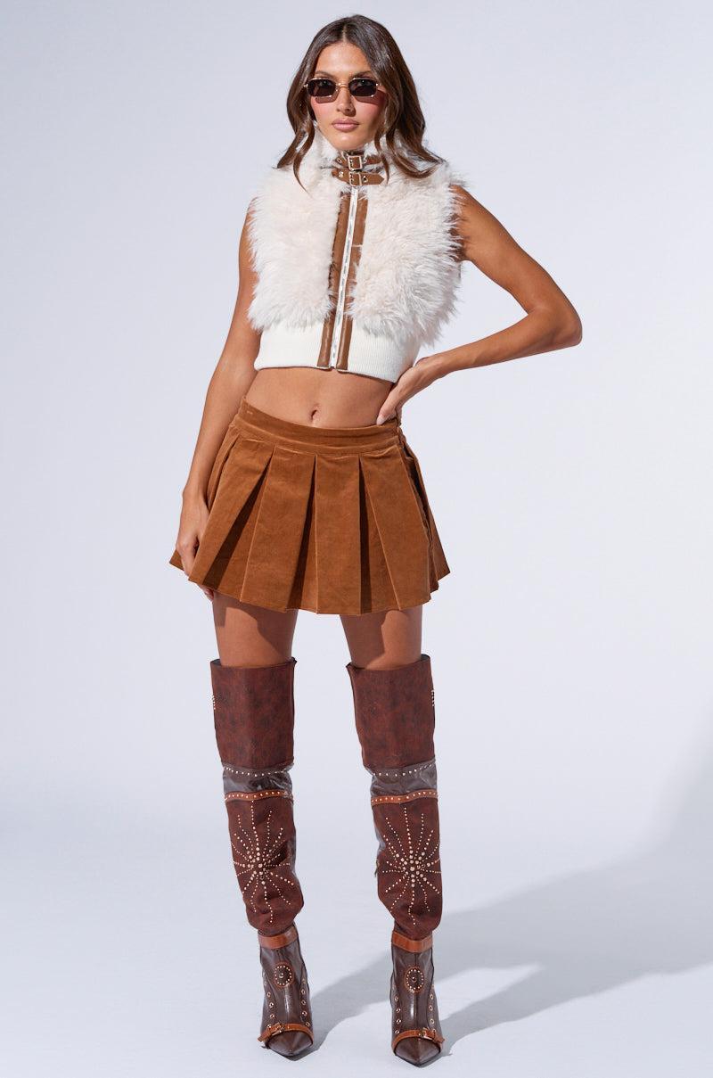 RUN AFTER YOU CORDUROY MINI SKIRT IN BROWN Product Image