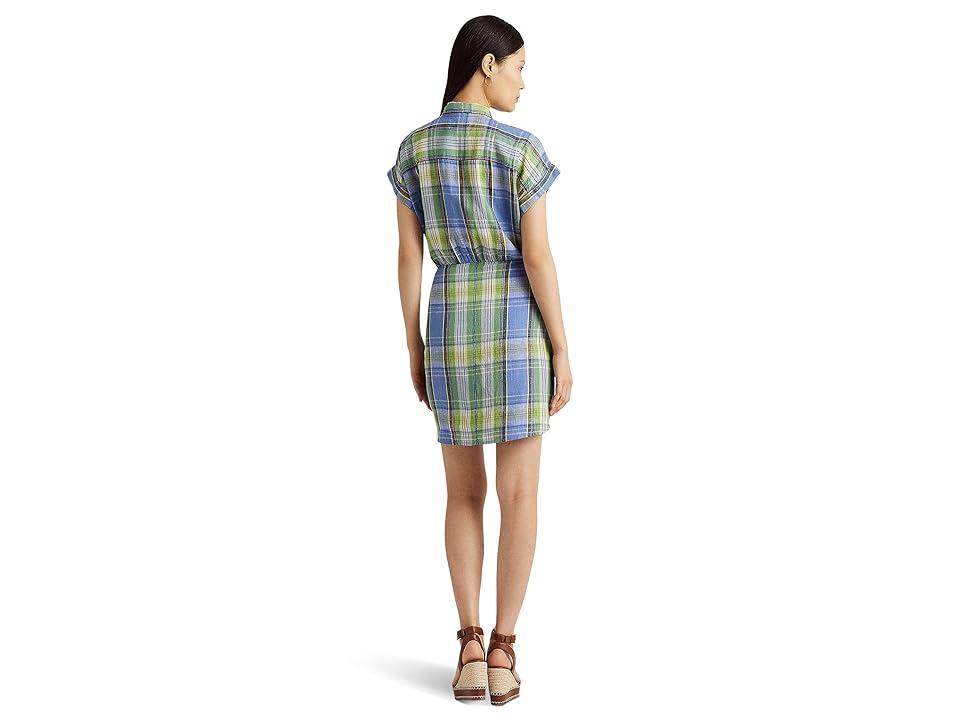 LAUREN Ralph Lauren Petite Plaid Tie Front Linen Shirtdress (Blue Multi) Women's Clothing Product Image