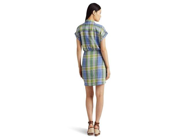 LAUREN Ralph Lauren Petite Plaid Tie Front Linen Shirtdress (Blue Multi) Women's Clothing Product Image