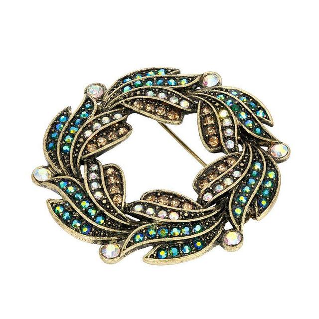 1928 Antiqued Gold Tone Multicolor Simulated Crystal Wreath Brooch, Womens Product Image