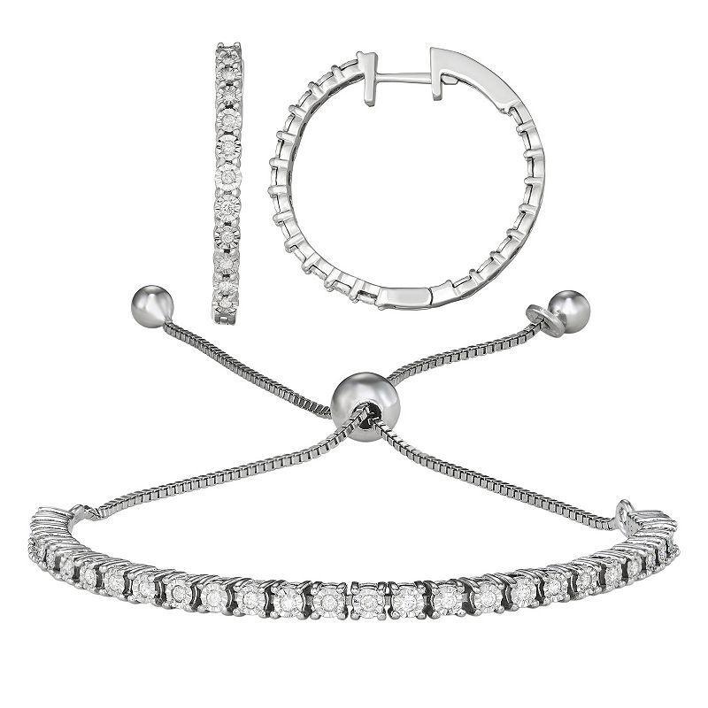 Sterling Silver 1/2 Carat T.W. Diamond Adjustable Bracelet & Hoop Earring Set, Womens Product Image