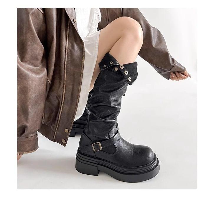 Platform Buckled Button Knee High Boots product image