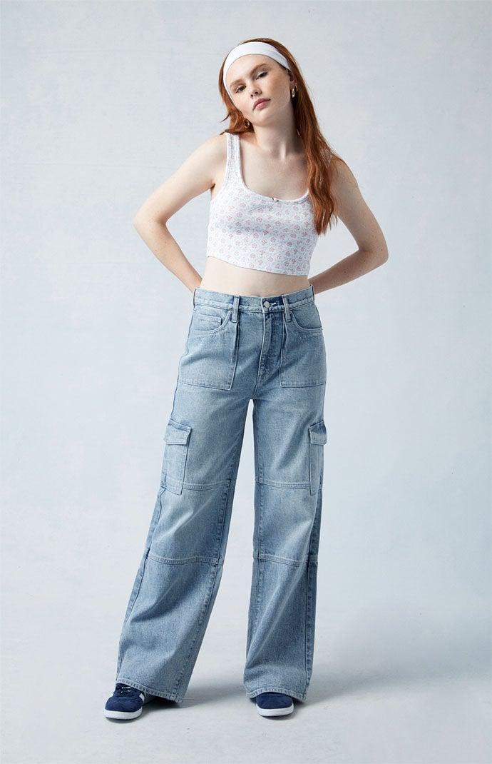 Women's Eco Light Indigo Mid Rise Baggy Cargo Jeans Product Image