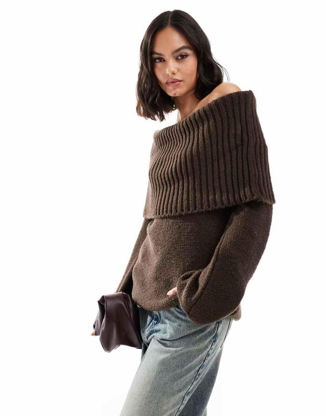 ASOS DESIGN chunky bardot rib sweater in chocolate Product Image