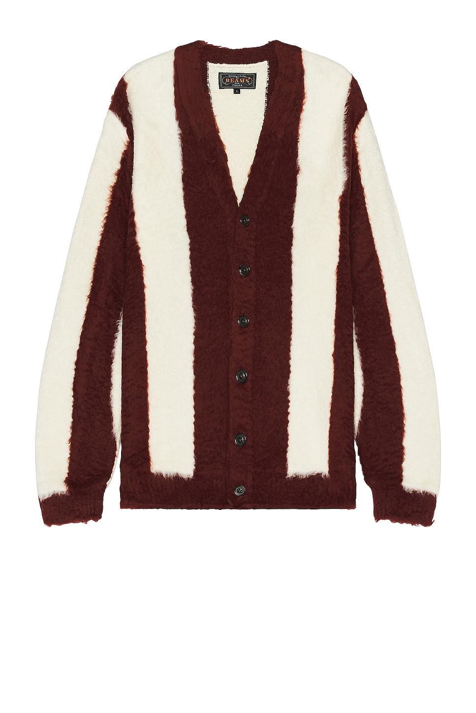 Beams Plus Stripe Cotton Shaggy Cardigan in Red. Size L, XL/1X. Product Image