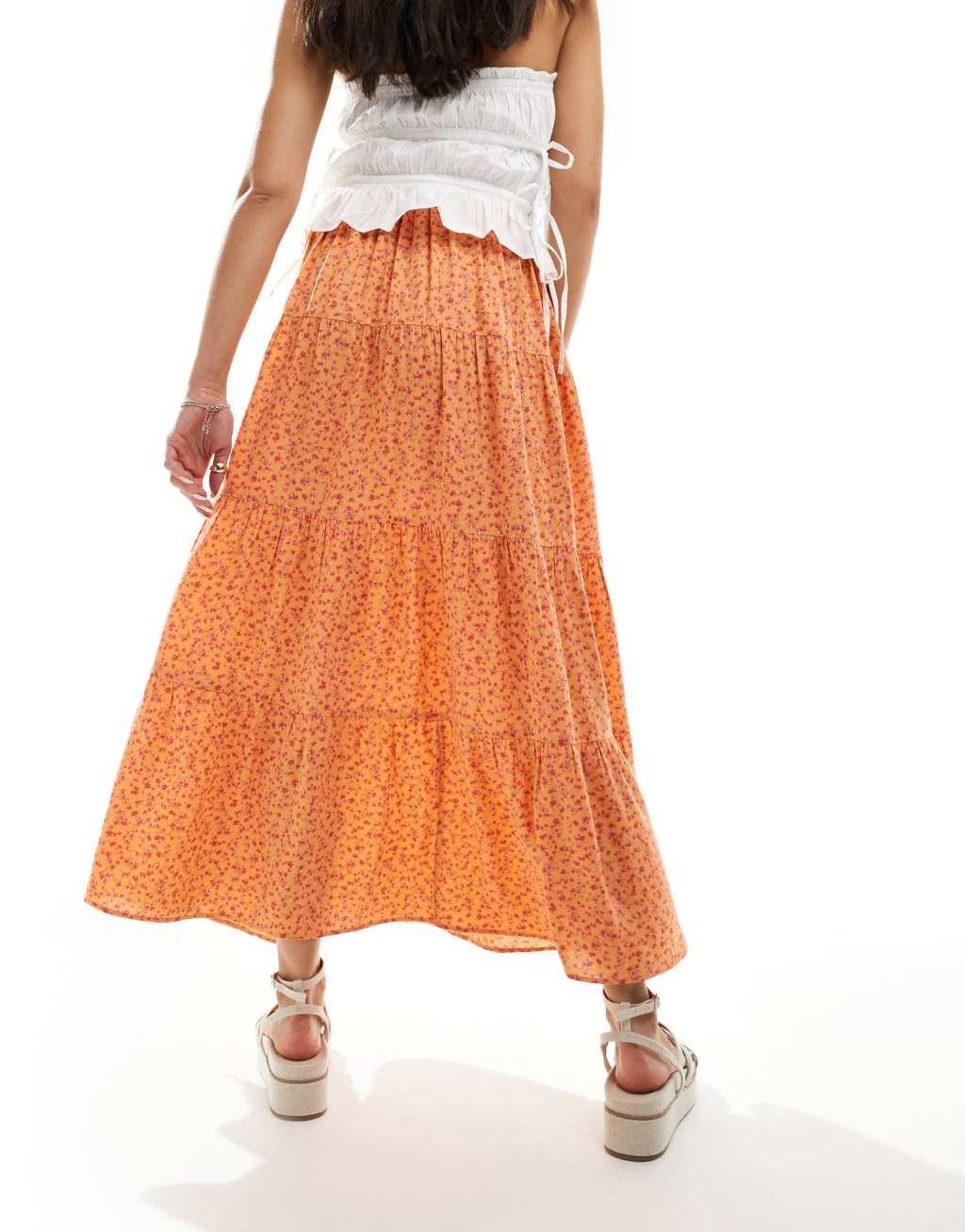 Miss Selfridge button detail tiered maxi skirt in orange floral Product Image