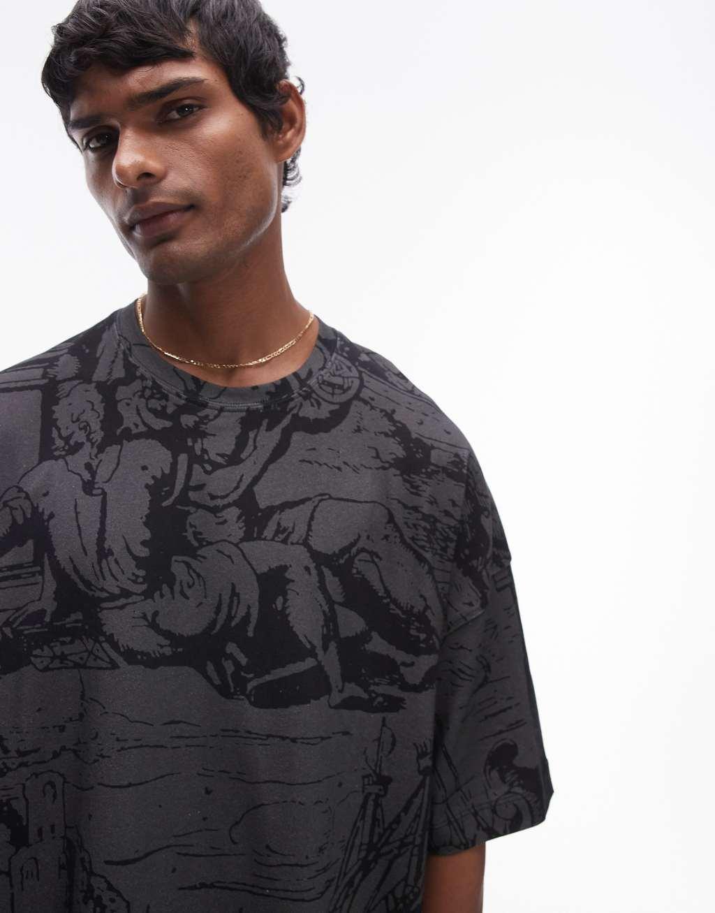 Topman premium heavyweight extreme oversized fit t-shirt with front and back medieval scene print in washed black Product Image