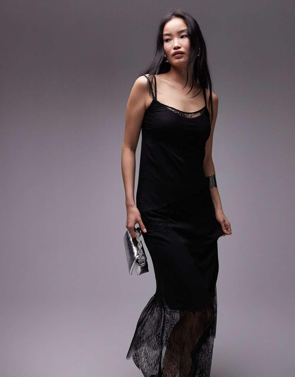 Topshop premium scoop neck lace insert midi dress with removable lining in black Product Image