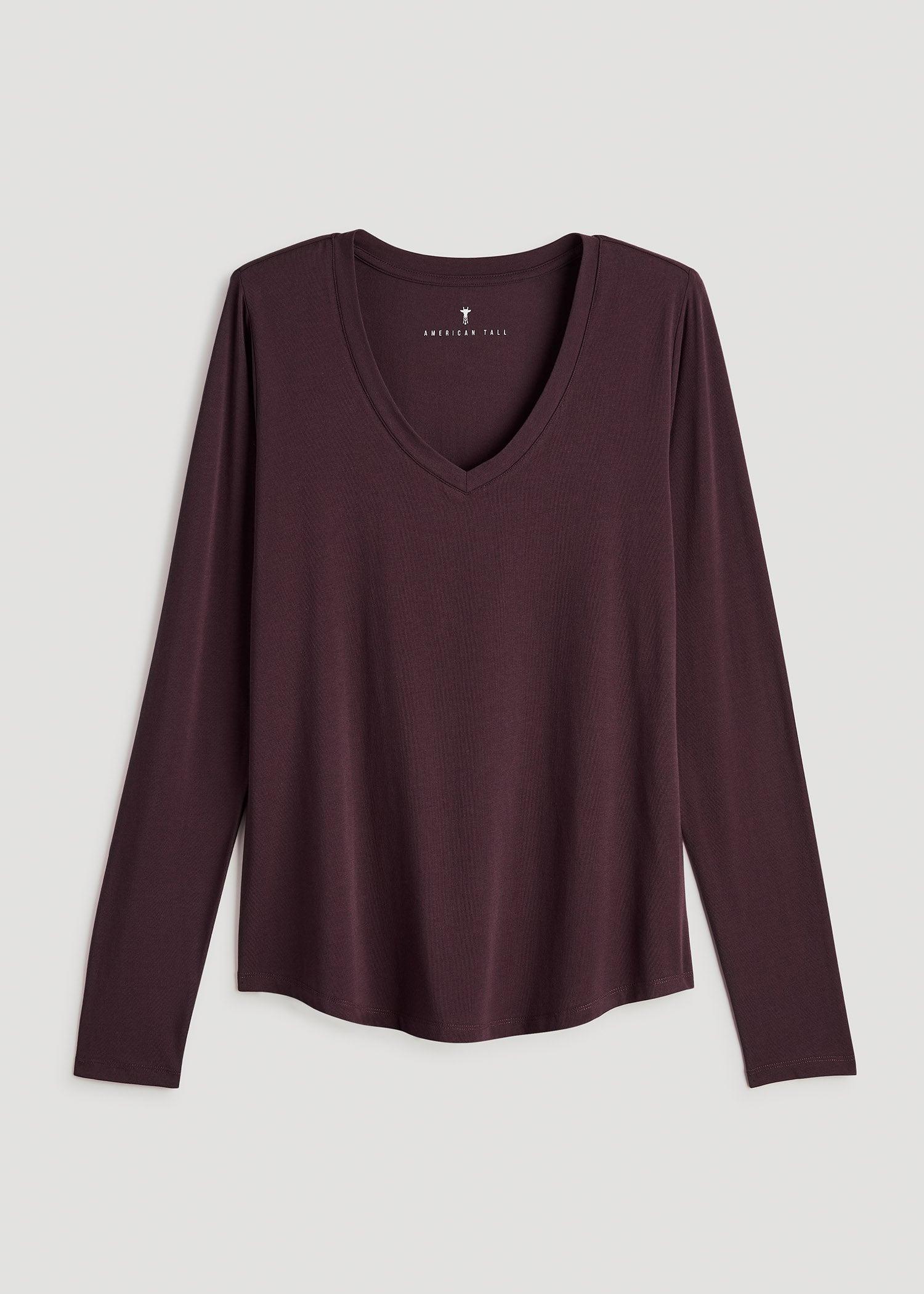 Long Sleeve Scoop V-Neck Tee Shirt for Tall Women in Deep Purple Female Product Image