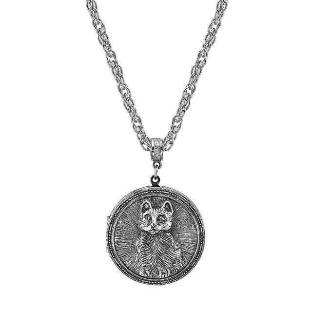 1928 Jewelry Antiqued Pewter Cat Locket Pendant Necklace, Womens, Grey Product Image