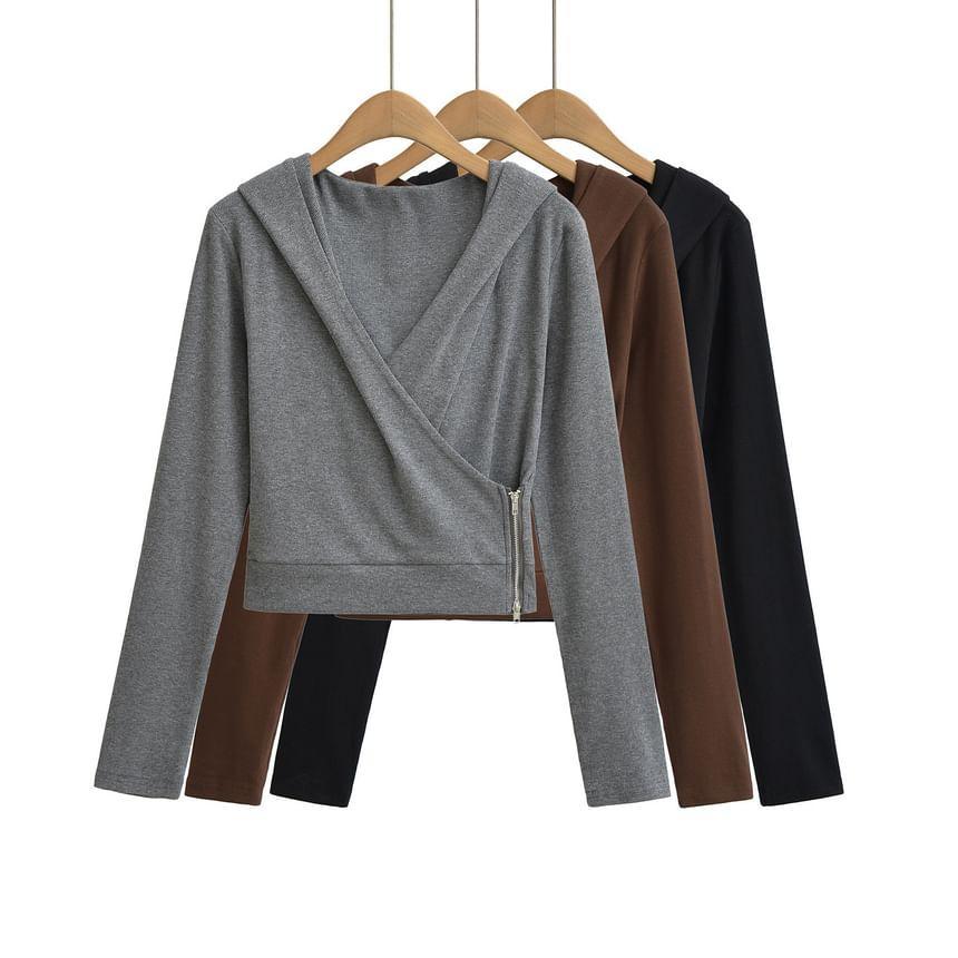 Long Sleeve V-Neck Plain Wrap Zipper Crop Top Product Image