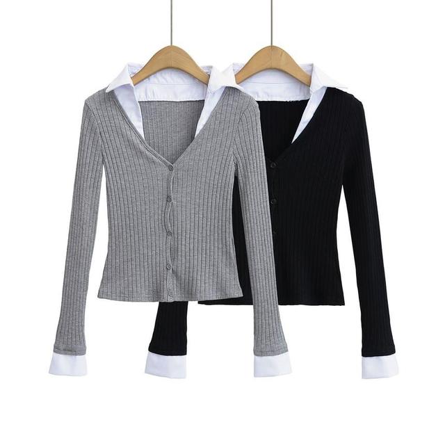 Mock Two-Piece Long-Sleeve Collared Knit Top Product Image