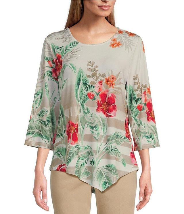 Allison Daley Petite Size Tropical Stripe Print 3/4 Sleeve Crew Neck Asymmetric Hem Embellished Knit Top Product Image