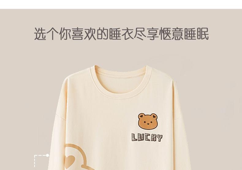 Loungewear Set : Long-Sleeve Bear Print Padded T-Shirt + Pants Product Image