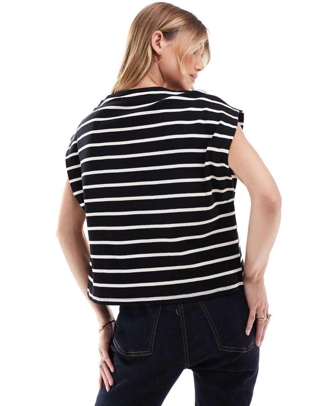 Mango shoulder detail striped top in black Product Image