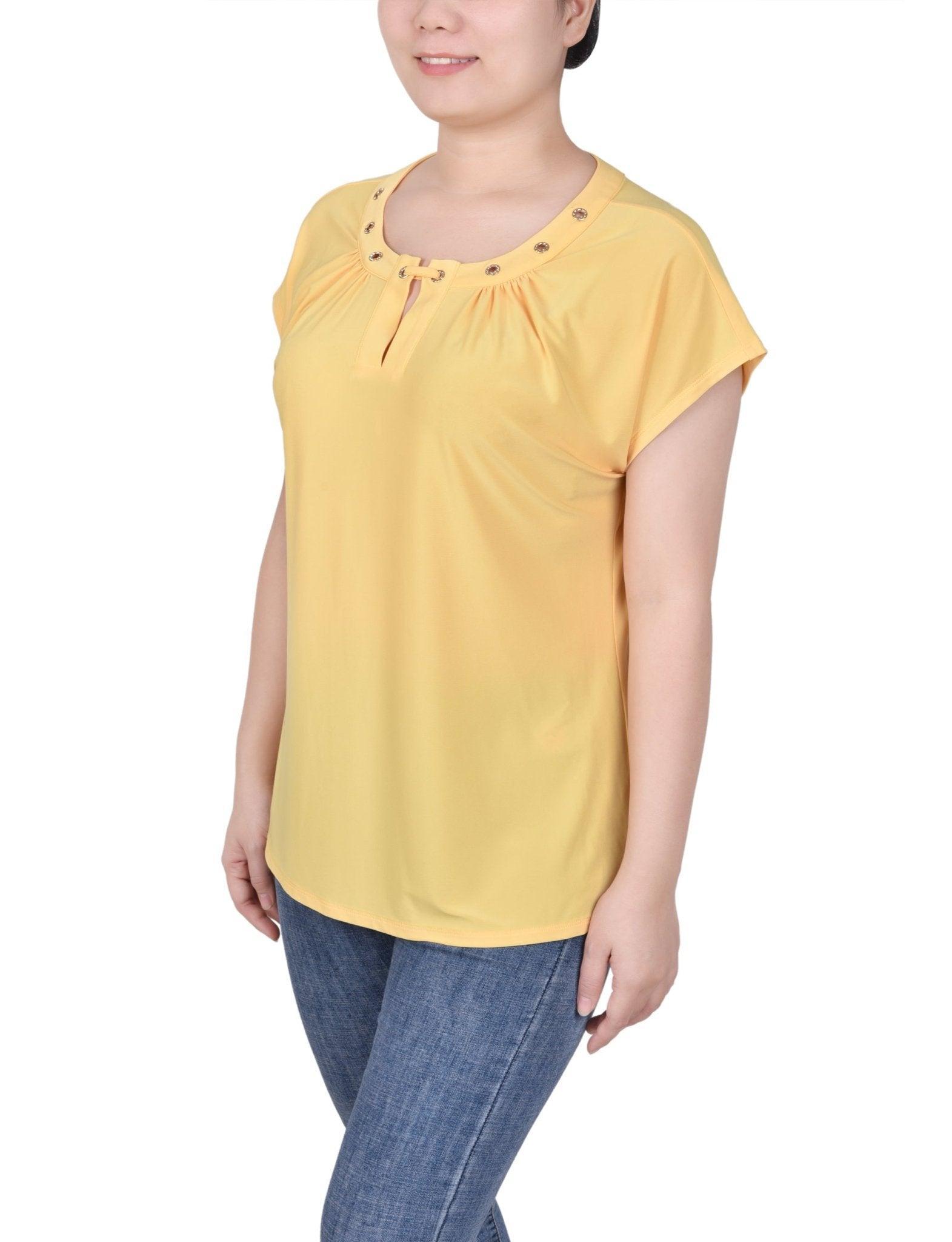 Short Extended-Sleeve Grommet Neck Knit Top - Petite Product Image