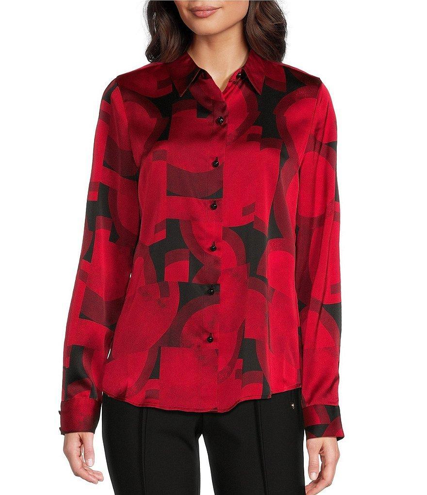 KARL LAGERFELD PARIS Printed Satin Crepe Collared Neck Long Sleeve Button Front Blouse Product Image