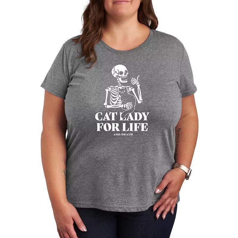 Plus Size Cat Lady For Life Skeleton Graphic Tee, Womens Grey Green Product Image