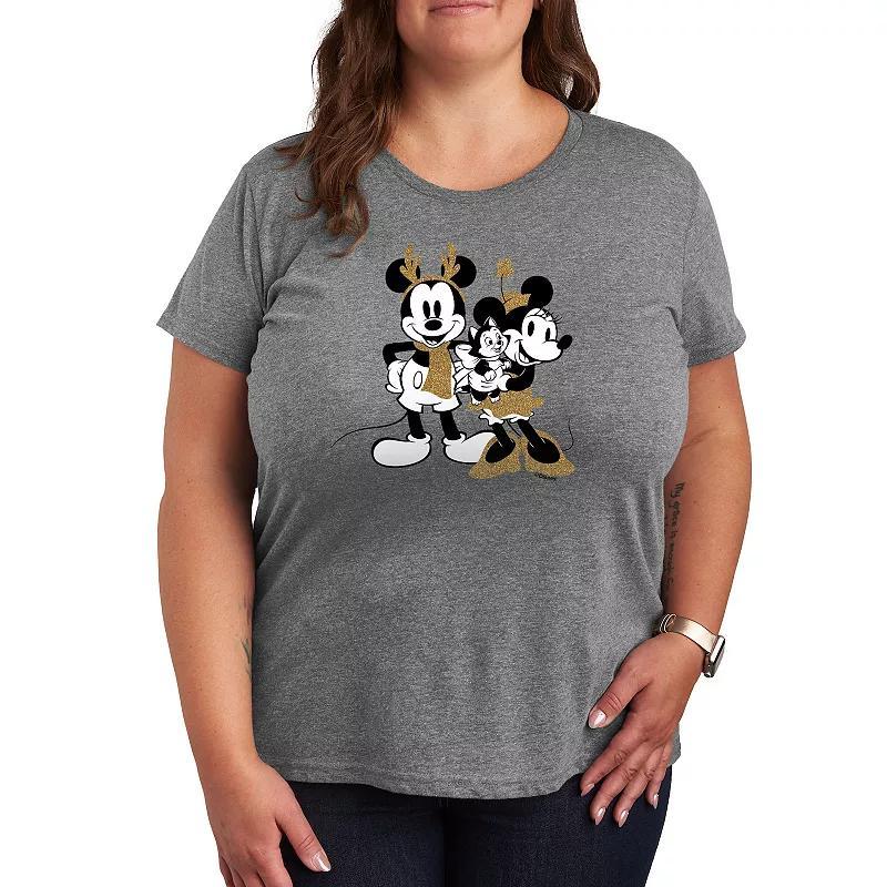 Disneys Mickey & Minnie Mouse Plus Sparkle Graphic Tee, Womens Grey Gray Product Image